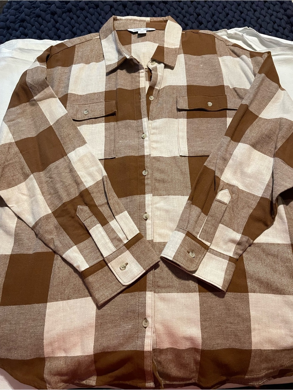 Old Navy Brown and Cream Plaid Boyfriend Flannel Shirt